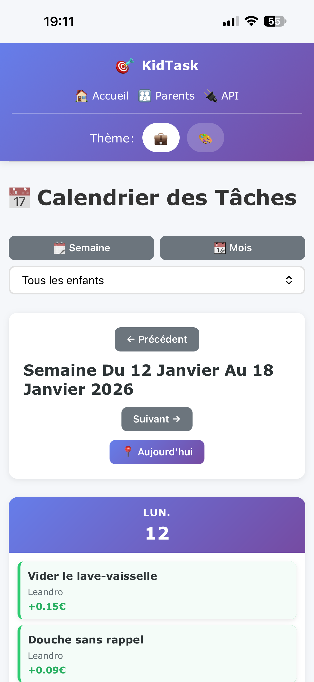 Calendrier tâches